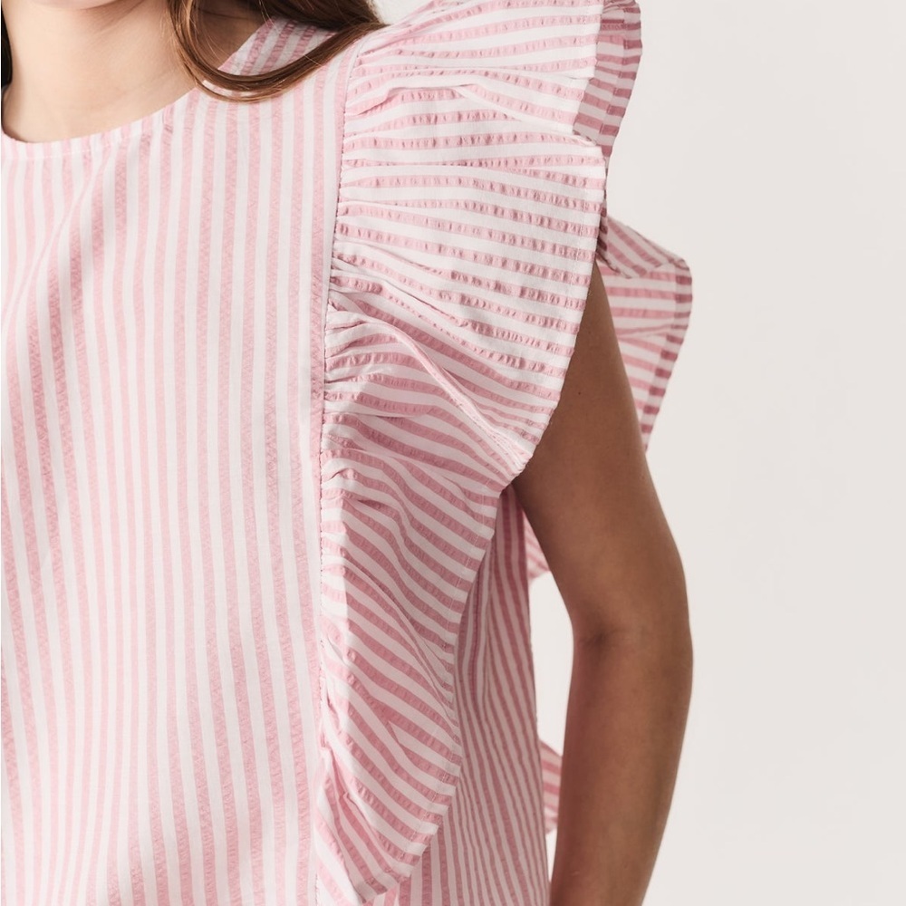 Deluc Pink Striped Ruffle Sleeve Ceasar” Top- Sz M- NWT